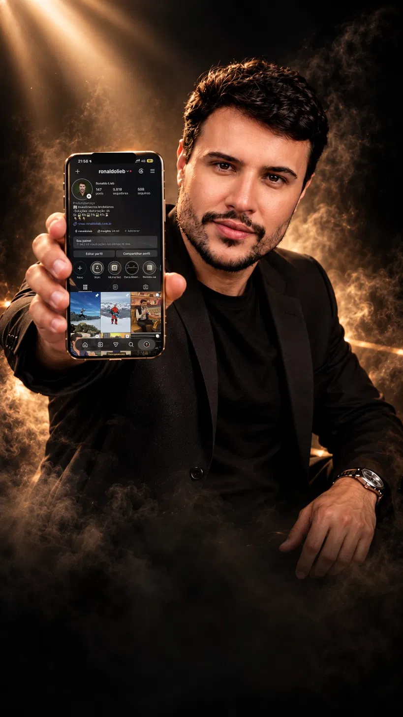 Ronaldo Lieb mostrando o celular com seu perfil do Instagram